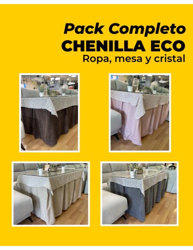 Conjunto Mesa Cristal Ropa Chenilla Eco 8 Pliegues Colores Variados (Incluye tapete de regalo)