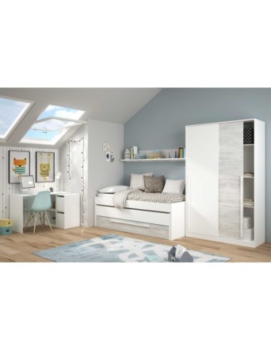 ELLIOT Cama doble SIN somier + 1 cajón + ESTANTE (colchones 190x90 - 180x90) BL.ARTIK/BL.VELHO