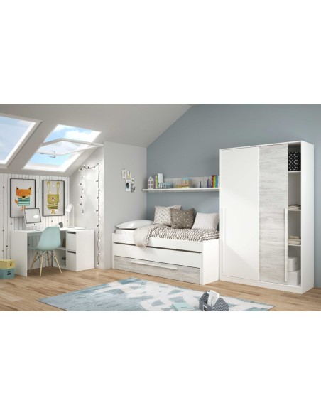 ELLIOT Cama doble SIN somier + 1 cajón + ESTANTE (colchones 190x90 - 180x90) BL.ARTIK/BL.VELHO