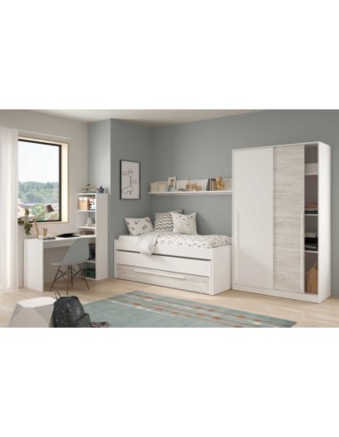 ELLIOT Cama doble SIN somier + 1 cajón + ESTANTE (colchones 190x90 - 180x90) BL.ARTIK/BL.VELHO