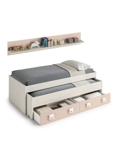 NUBE Cama doble SIN somier + 2 cajones + ESTANTE (colchones 190x90 - 180x90) BLANCO ALPES/ROSA