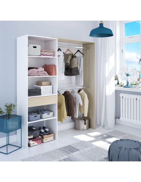 HERA Armario-Vestidor con estantería 60cm + 2 barras ROBLE/BLANCO